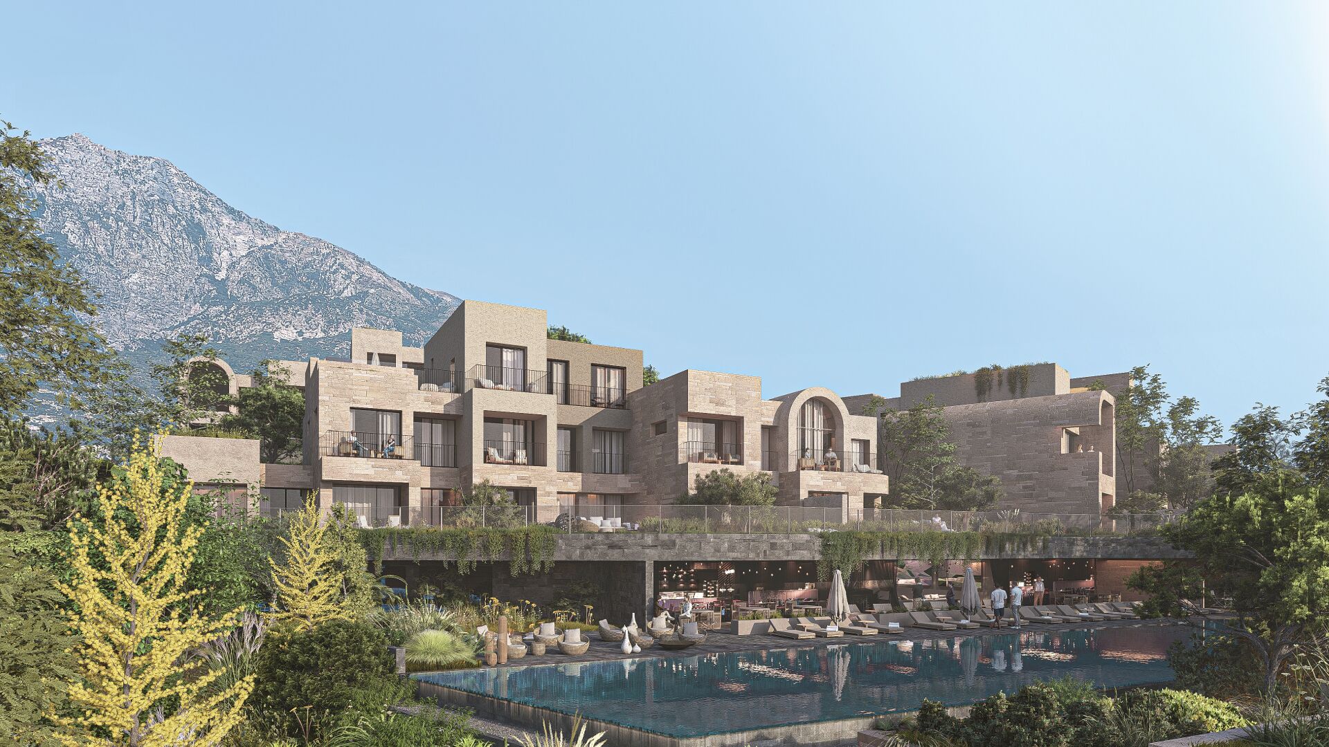 Green Coast resort residences with pool and mountain views